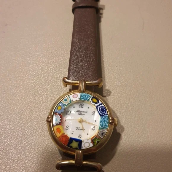 Authentic Murano Glass Millefiori Goldtone Leather Women's Watch - Picture 3 of 5